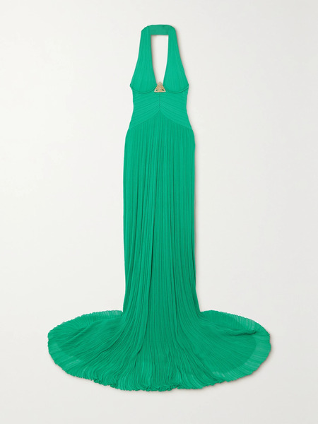  Balmain Balmain - Embellished Halterneck Plissé-knitted Gown - Green 