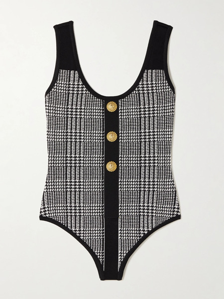  Balmain Balmain - Embellished Prince Of Wales Checked Stretch-knit Bodysuit - White 