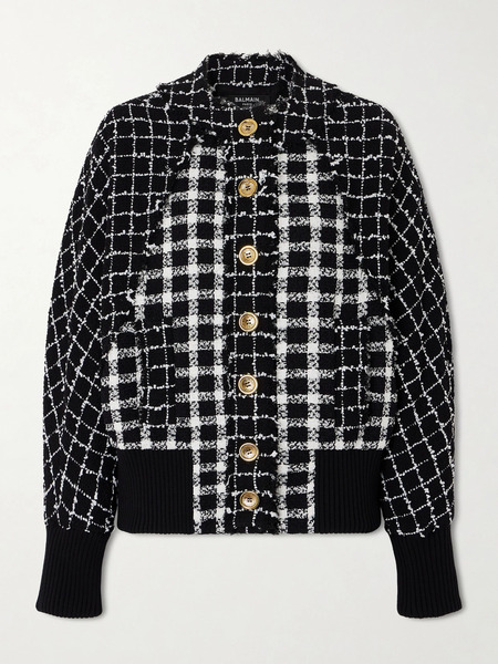  Balmain Balmain - Frayed Checked Bouclé-tweed Bomber Jacket - Black 