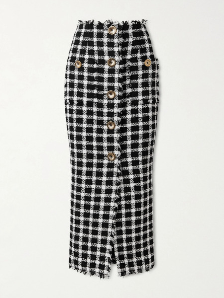  Balmain Balmain - Frayed Checked Cotton-blend Tweed Midi Skirt - White 