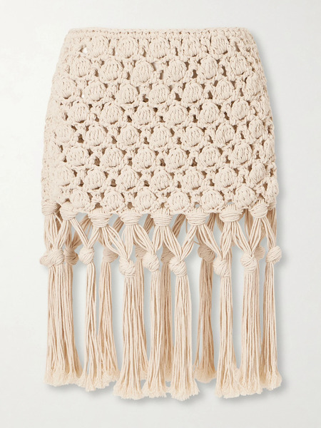  Balmain Balmain - Fringed Crochet-knit Cotton Mini Skirt - Ecru 