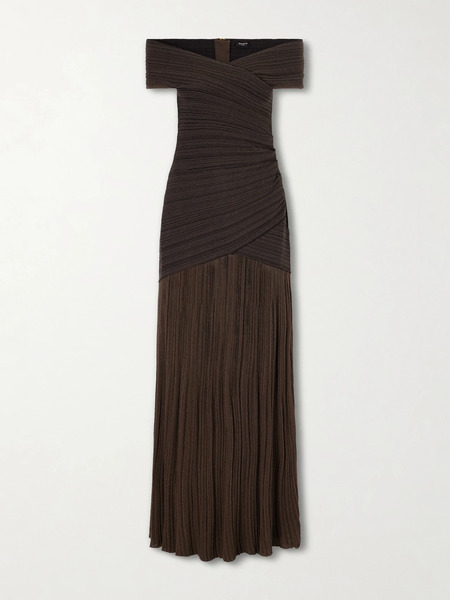  Balmain Balmain - Off-the-shoulder Ribbed-knit Maxi Dress - Dark Brown 