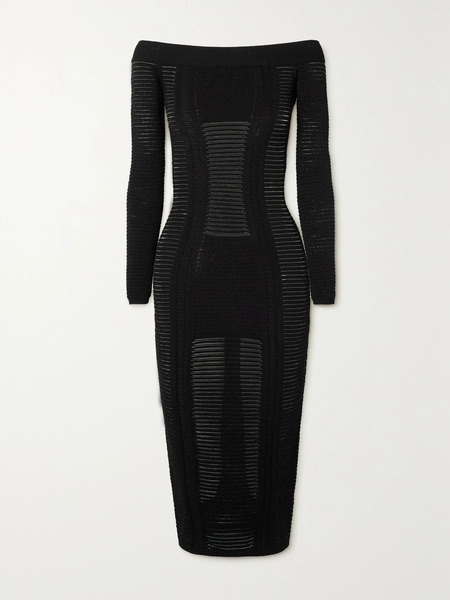  Balmain Balmain - Off-the-shoulder Ribbed-knit Midi Dress - Black 