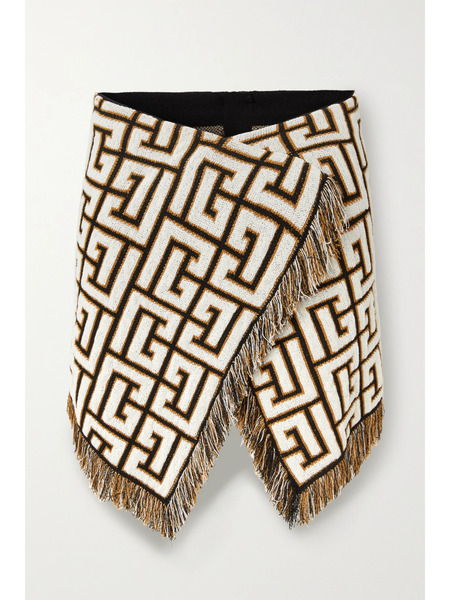  Balmain Balmain - Wrap-effect Fringed Jacquard-knit Mini Skirt - Black 