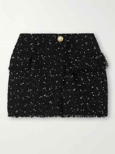  Balmain Balmain - Wrap-effect Sequin-embellished Frayed Tweed Mini Skirt - Black 
