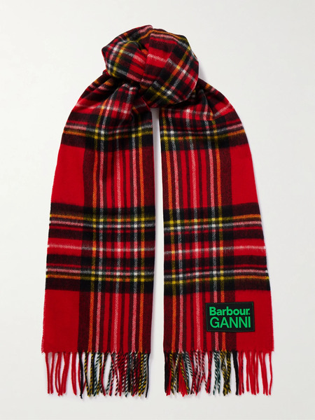  Barbour Barbour - + Ganni Fringed Appliquéd Checked Wool Scarf - Red 