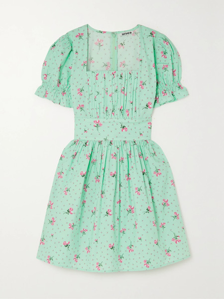  Batsheva Batsheva - Popham Pintucked Floral-print Cotton-poplin Mini Dress - Turquoise 