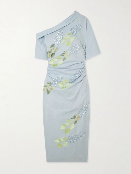  Bernadette Bernadette - Bowery Asymmetric Embellished Cotton And Linen-blend Midi Dress - Blue 