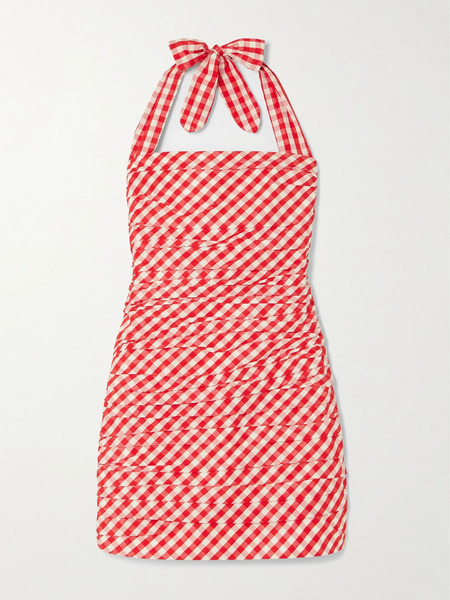 Bernadette Bernadette - Tippy Gingham Pleated Taffeta Halterneck Mini Dress - Red 