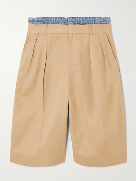  Bettter Bettter - Denibermuda Pleated Cotton-gabardine And Denim Shorts - Camel 