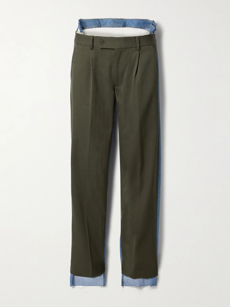  Bettter Bettter - Denitrouser Paneled Pleated Wool-blend And Denim Pants - Army Green 