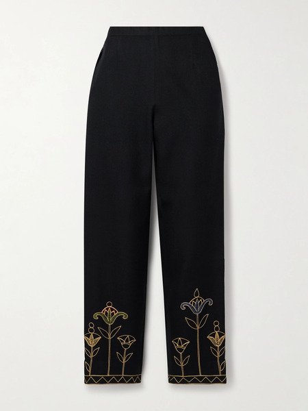  Bode Bode - Blooming Stems Embroidered Brushed Wool-twill Straight-leg Pants - Blue 