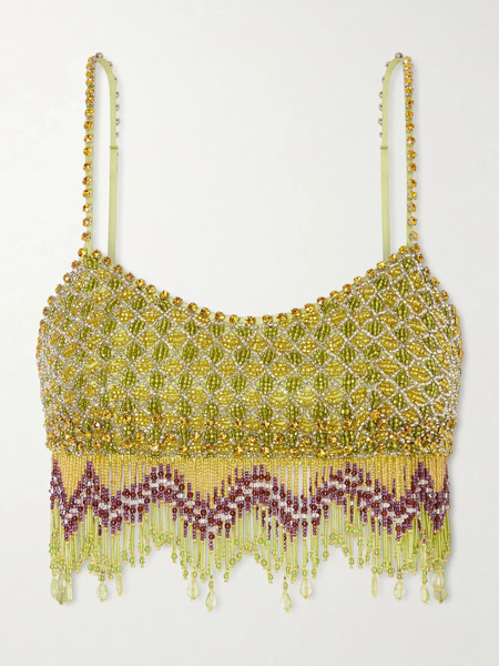  Bode Bode - Bottleglass Cropped Fringed Beaded Satin Top - Lime Green 