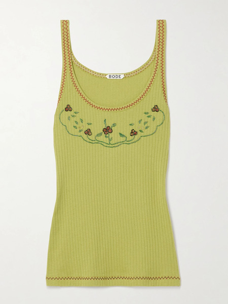  Bode Bode - Dahlia Bead-embellished Ribbed Cotton-jersey Tank - Green 