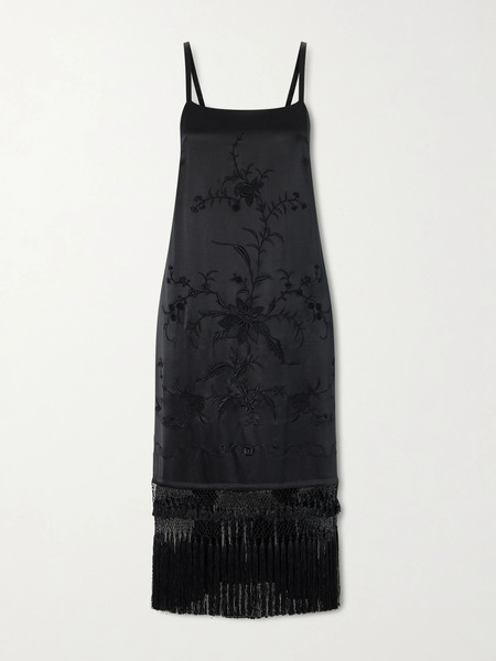  Bode Bode - Fringed Embroidered Silk-satin Midi Dress - Black 