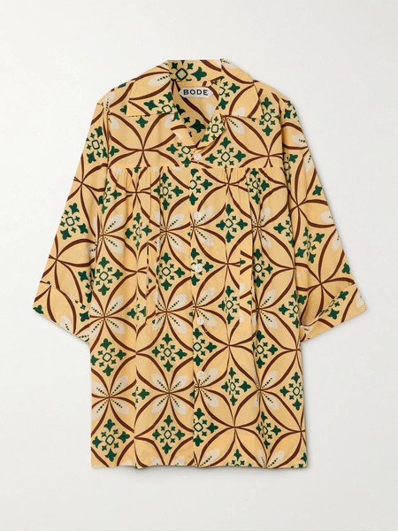  Bode Bode - Greer Quincy Gathered Printed Crepe Mini Shirt Dress - Yellow 