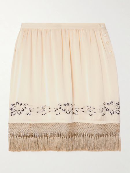  Bode Bode - Phantasm Fringed Embroidered Silk-satin Mini Skirt - Ecru 
