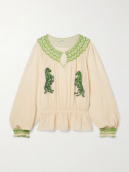  Bode Bode - Rearing Stallions Ruffled Smocked Embroidered Crepe De Chine Blouse - White 