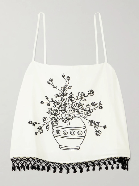  Bode Bode - Rosebloom Cropped Bead-embellished Fringed Cotton And Silk-blend Top - White 