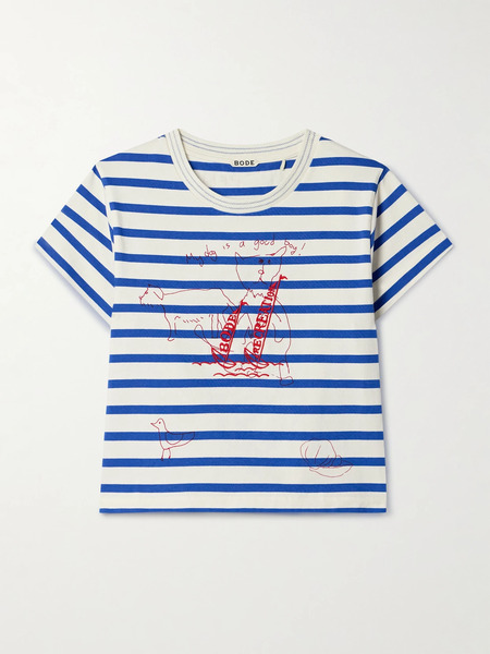  Bode Bode - Sails Margate Cropped Embroidered Printed Cotton-jersey T-shirt - Blue 
