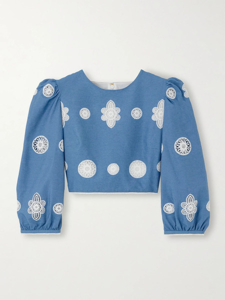  Borgo De Nor Borgo De Nor - Crocheted Lace-trimmed Chambray Top - Blue 
