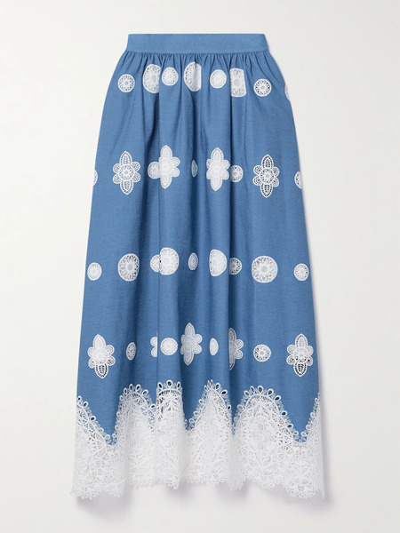  Borgo De Nor Borgo De Nor - Rhea Crocheted Lace-trimmed Chambray Midi Skirt - Blue 