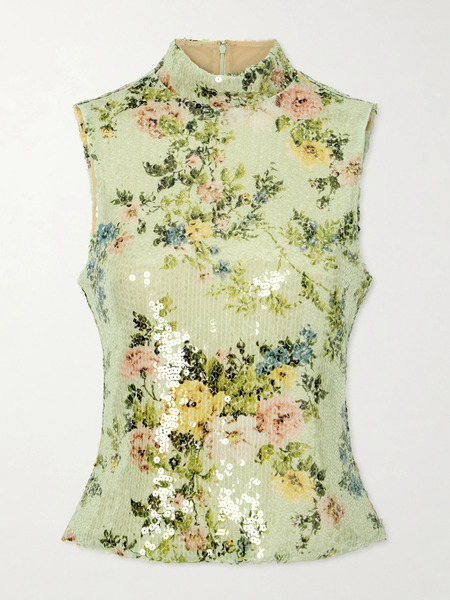  Brandon Maxwell Brandon Maxwell - Piper Sequined Floral-print Mesh Turtleneck Top - Light Green 