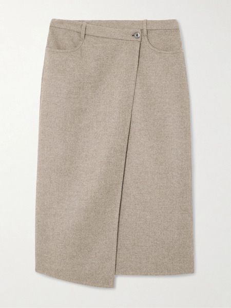  Brunello Cucinelli Brunello Cucinelli - Asymmetric Brushed-wool Midi Wrap Skirt - Beige 