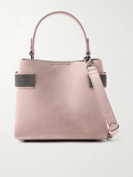  Brunello Cucinelli Brunello Cucinelli - Bead-detailed Suede Shoulder Bag - Pastel Pink 