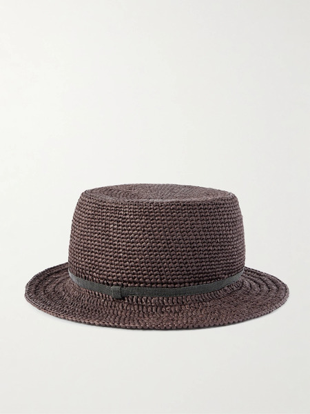  Brunello Cucinelli Brunello Cucinelli - Bead-embellished Faux Raffia Bucket Hat - Dark Brown 