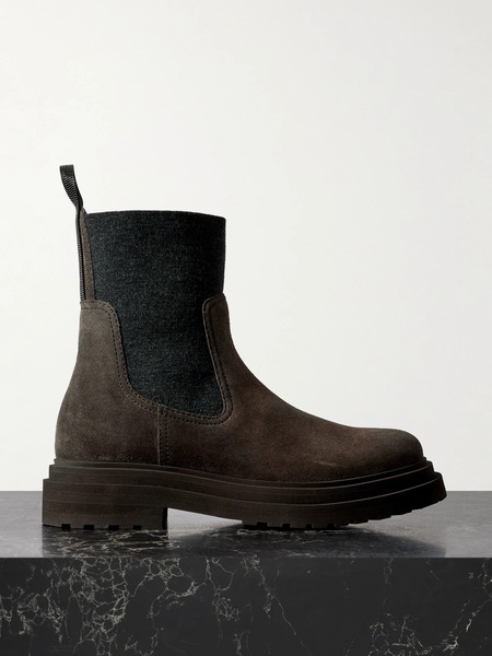  Brunello Cucinelli Brunello Cucinelli - Bead-embellished Knit-trimmed Suede Chelsea Boots - Chocolate 