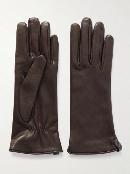  Brunello Cucinelli Brunello Cucinelli - Bead-embellished Leather Gloves - Brown 