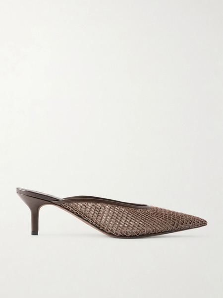  Brunello Cucinelli Brunello Cucinelli - 55 Bead-embellished Leather-trimmed Mesh Mules - Dark Brown 