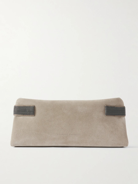  Brunello Cucinelli Brunello Cucinelli - Bead-embellished Leather-trimmed Suede Clutch - Gray 