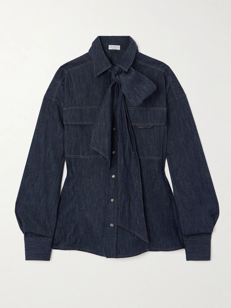  Brunello Cucinelli Brunello Cucinelli - Bead-embellished Pussy-bow Denim Shirt - Blue 
