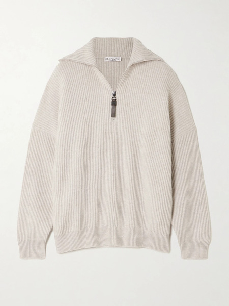  Brunello Cucinelli Brunello Cucinelli - Bead-embellished Ribbed Cashmere Half-zip Sweater - Beige 