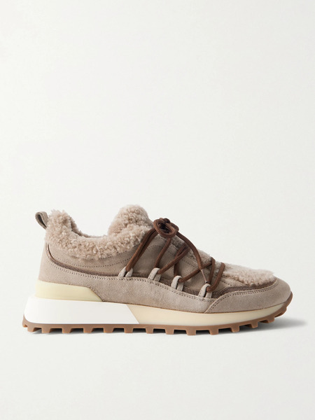  Brunello Cucinelli Brunello Cucinelli - Bead-embellished Rubber-trimmed Shearling Sneakers - Gray 