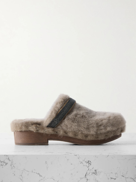  Brunello Cucinelli Brunello Cucinelli - Bead-embellished Shearling Clogs - Brown 