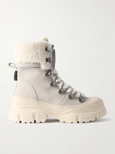  Brunello Cucinelli Brunello Cucinelli - Bead-embellished Shearling-lined Suede Ankle Boots - Cream 