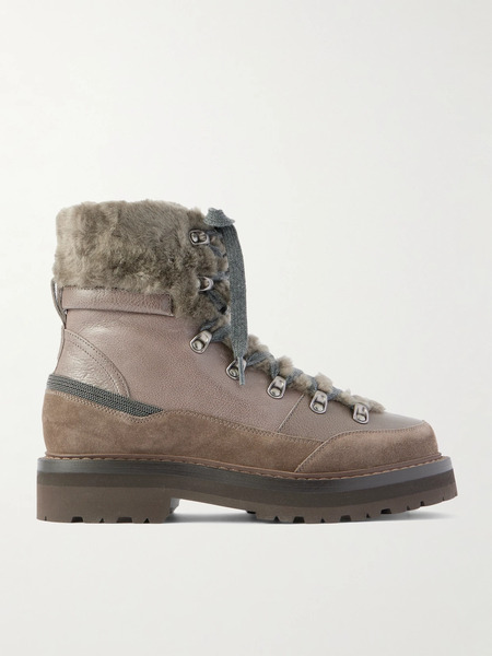  Brunello Cucinelli Brunello Cucinelli - Bead-embellished Shearling-trimmed Leather Ankle Boots - Dark Gray 