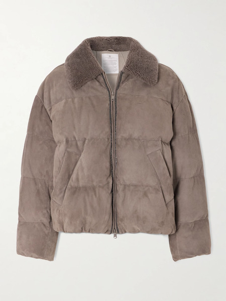  Brunello Cucinelli Brunello Cucinelli - Bead-embellished Shearling-trimmed Padded Quilted Suede Down Jacket - Taupe 