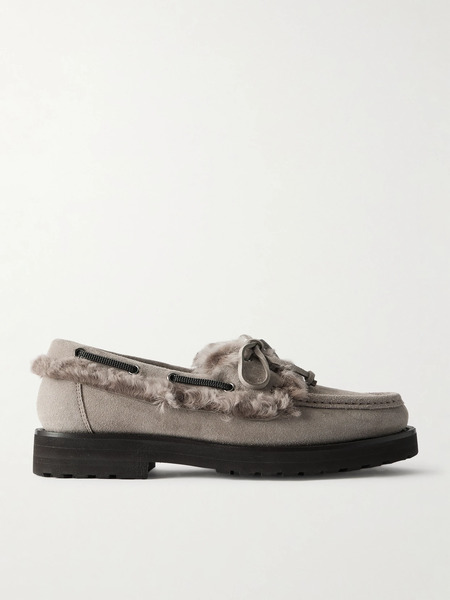  Brunello Cucinelli Brunello Cucinelli - Bead-embellished Shearling-trimmed Suede Loafers - Light Gray 