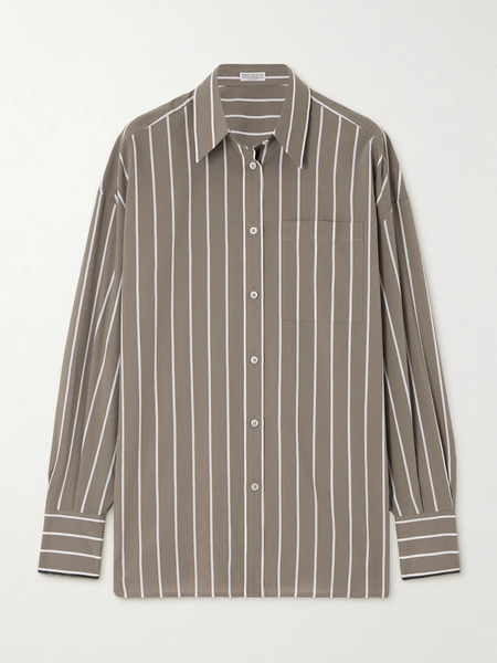  Brunello Cucinelli Brunello Cucinelli - Bead-embellished Striped Cotton-blend Poplin Shirt - Brown 