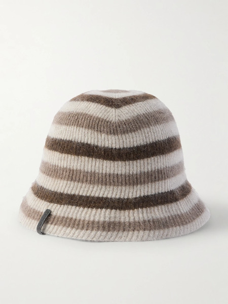  Brunello Cucinelli Brunello Cucinelli - Bead-embellished Striped Metallic Ribbed-knit Bucket Hat - Brown 