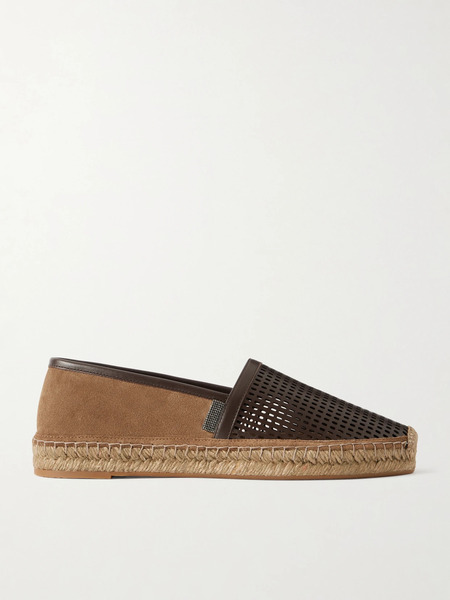  Brunello Cucinelli Brunello Cucinelli - Bead-embellished Suede And Laser-cut Leather Espadrilles - Dark Brown 