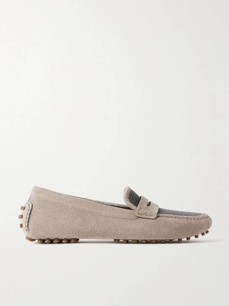  Brunello Cucinelli Brunello Cucinelli - Bead-embellished Suede Loafers - Beige 