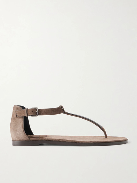  Brunello Cucinelli Brunello Cucinelli - Bead-embellished Suede Sandals - Dark Brown 