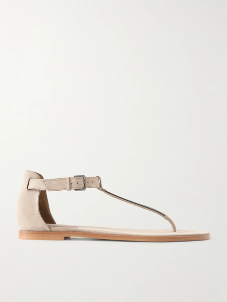  Brunello Cucinelli Brunello Cucinelli - Bead-embellished Suede Sandals - Taupe 