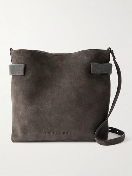  Brunello Cucinelli Brunello Cucinelli - Bead-embellished Suede Shoulder Bag - Dark Brown 