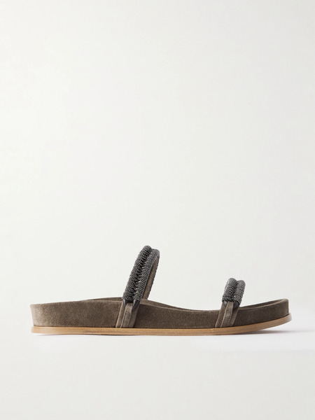  Brunello Cucinelli Brunello Cucinelli - Bead-embellished Suede Slides - Brown 